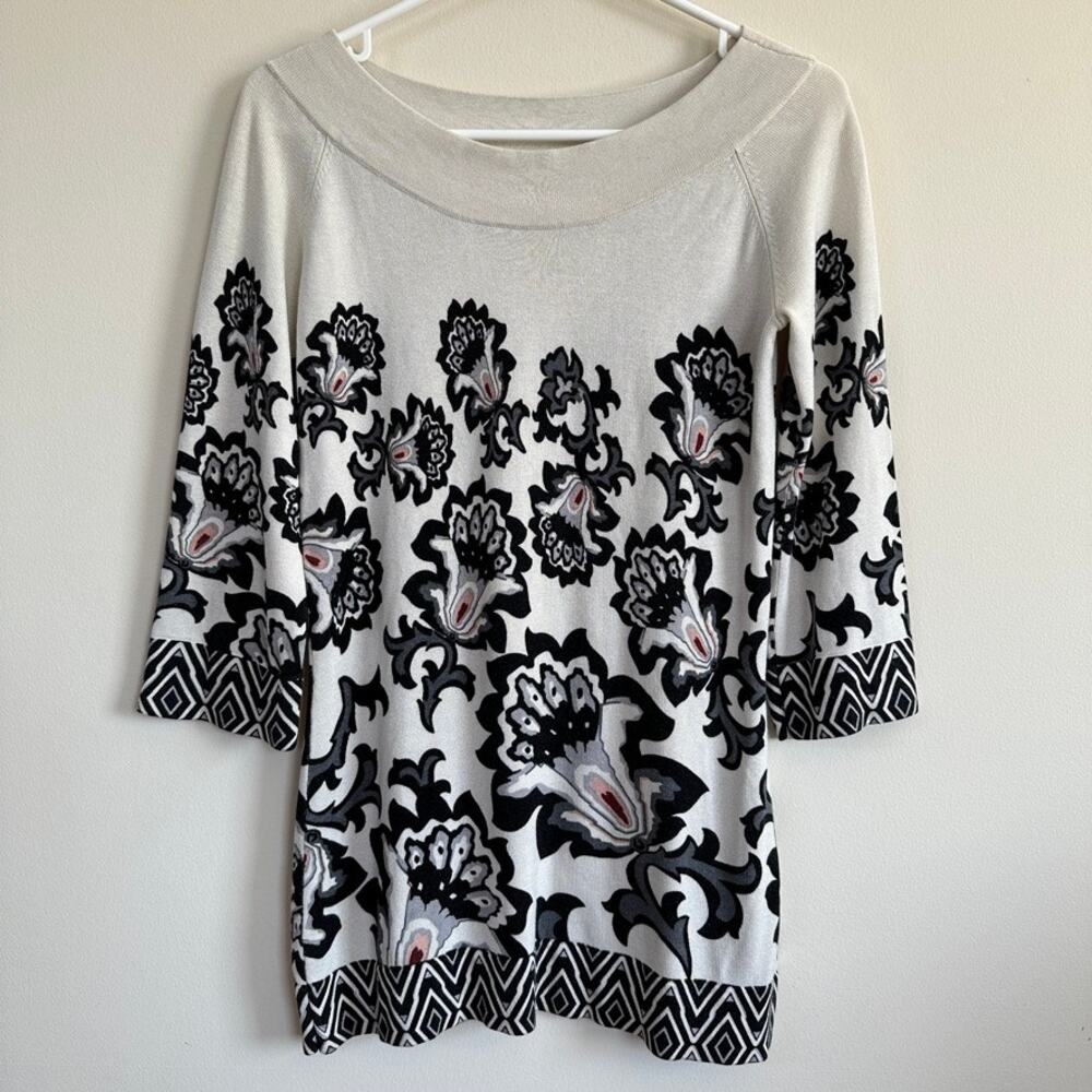 WHBM Floral Tunic Silk Wool Blend 3/4 Sleeves Scoop Neck Lightweight SMALL